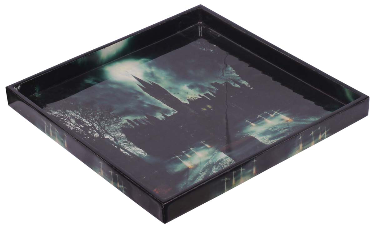 Buy in Bulk Wholesale Serving Tray in MDF - Black - 10” Hand-Crafted Decorative Tray with ‘Mysterious Halloween Castle’ Pattern - Classic Serve-Ware/Decor/Gifts from India